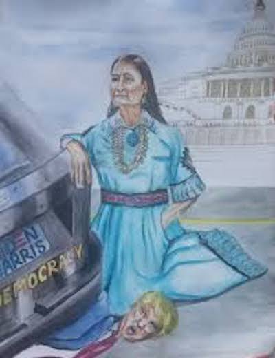 Indian American artist Sujata Tibrewala’s painting “Bloody Immigrant” depicts Deb Haaland