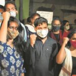 Natasha Narwal, Asif Iqbal Tanha and Devangana Kalita outside Tihar Jail in Delhi after their release on June 17, 2021.
