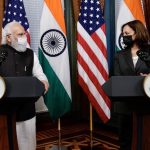 PM Modi (left) and VP Haris at the joint media appearance before their first in-person meeting, September 23
