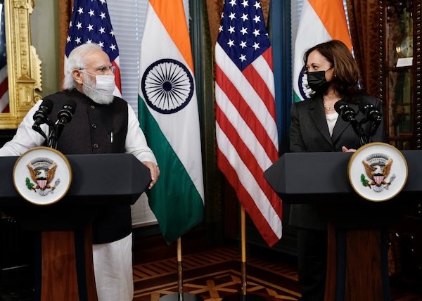 PM Modi (left) and VP Haris at the joint media appearance before their first in-person meeting, September 23