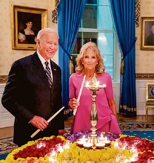 Biden and Jill Biden light Diwali lamp at the WH
